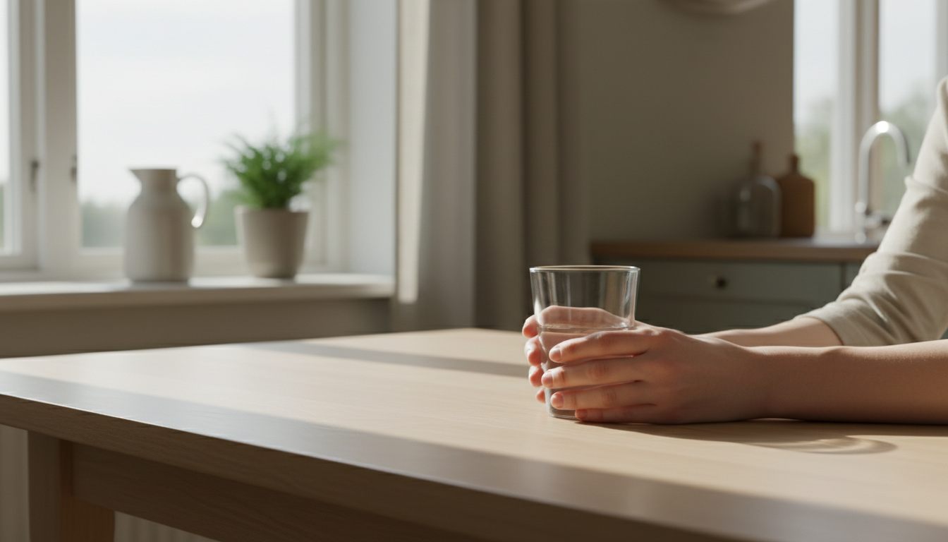 Et par hænder hviler om et glas vand på et lyst træbord i morgenlys