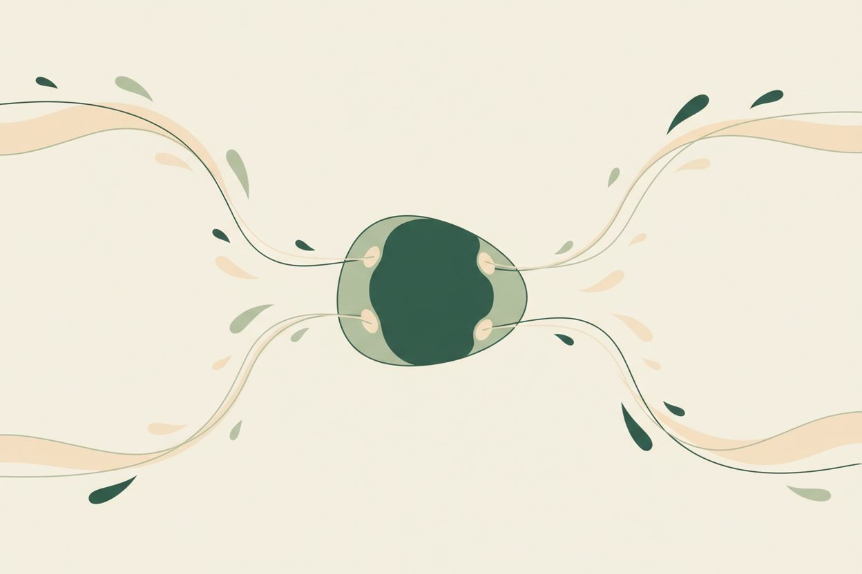 Illustration: fine vandstrømme løber ind mod en blød grøn form i midten